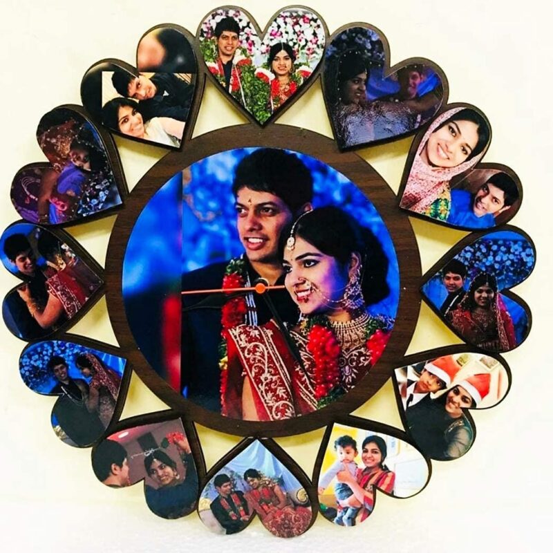 15 x 15 Inch Personalized Photo Wall Clock – Heart Shape Collage Design with 13 Custom Photos – Unique Couple Gift, Anniversary, Wedding, or Home Décor