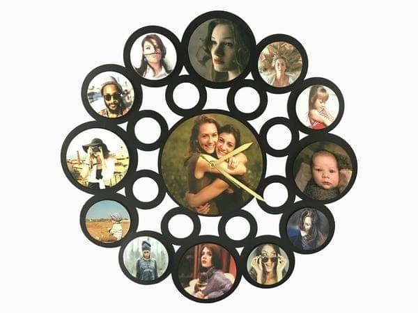 Round Custom Photo Frame Wall Clock – 15x15" Personalized Sublimation Wood Clock with 13 Photos